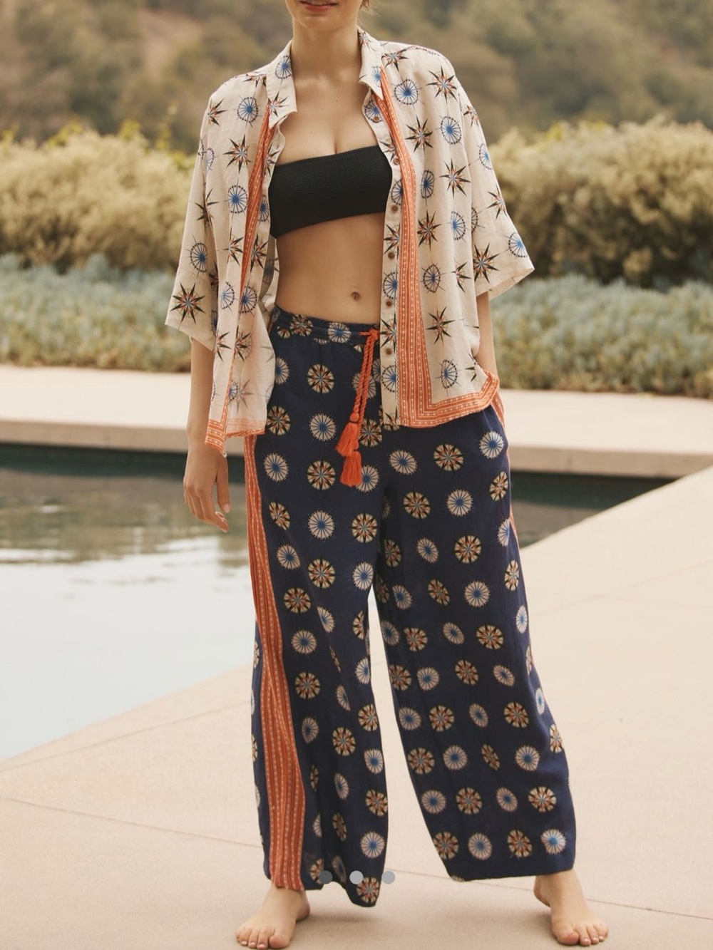 Anthropologie Navy Wide-Leg Printed Lounge Pants with Orange Tassel